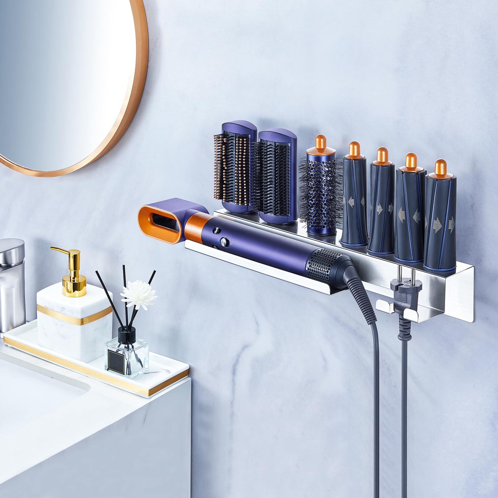 **Wall Mount Hair Dryer & Curling Iron Holder - 7-in-1 Stainless Steel Organizer for Styler Attachments & Hair Tools - Perfect for Bathroom, Salon & Home Storage**