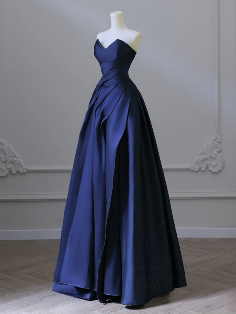 Elegant A-Line V-Neck Satin Dark Blue Long Prom Dress | Formal Evening Gown for Homecoming, Wedding & Special Occasions
