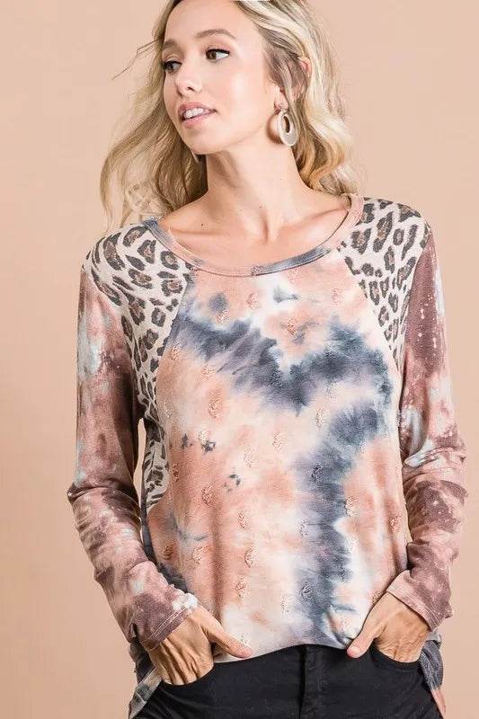 BiBi Tie Dye Distressed Knit Top with Leopard Shoulder - Trendy Women's Vintage Style Sweater for Casual Outings & Streetwear Fashion