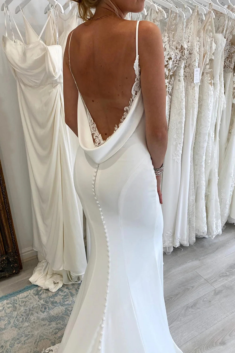 Elegant White Satin Lace Minimalist Wedding Dress - V-Neck Mermaid Gown for Brides, Beach Weddings & Formal Ceremonies