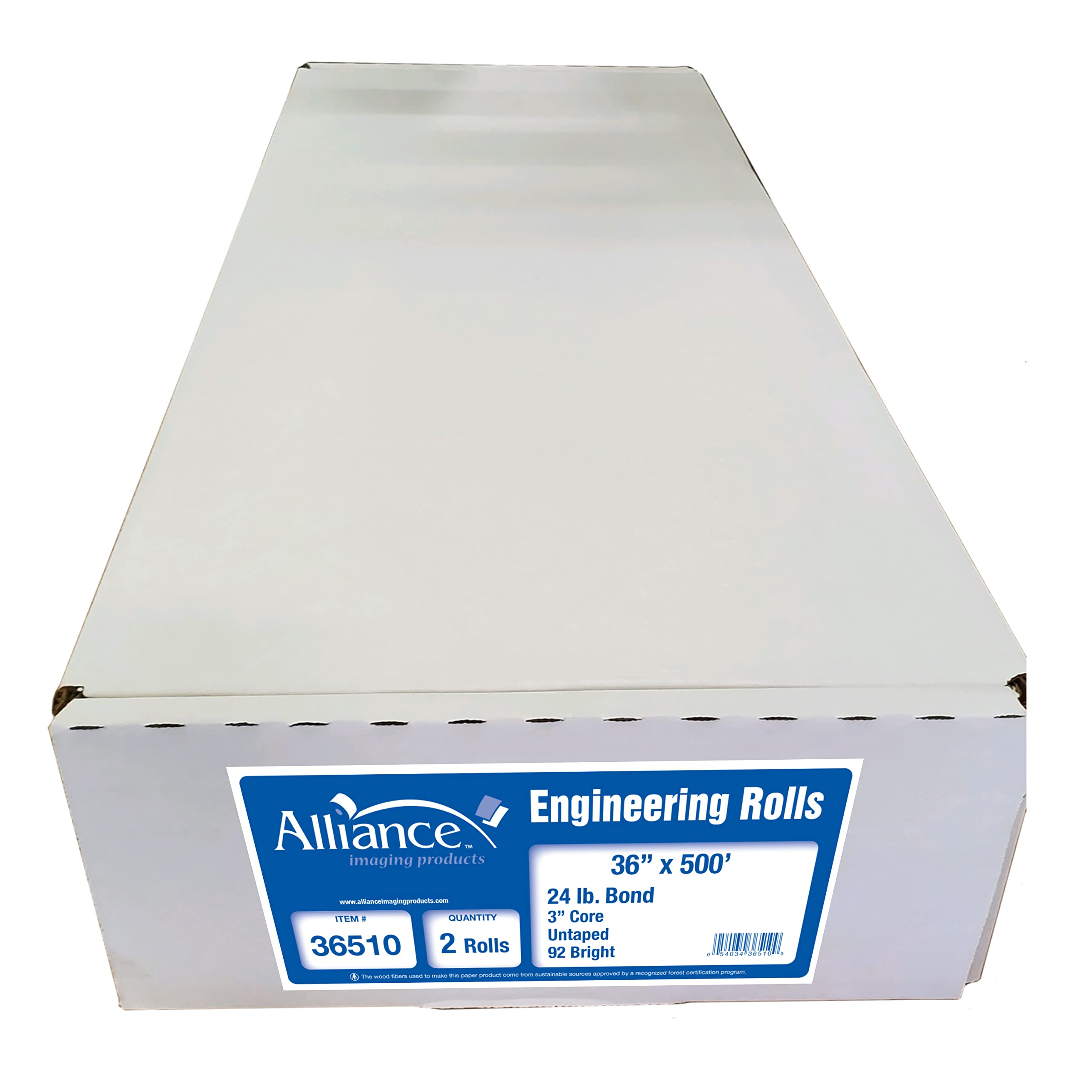Alliance CAD Paper Rolls - 36” x 500’ Premium Inkjet Bond Paper, 92 Brightness, 24lb Weight (2 Rolls per Carton) with 3” Core - Ideal for Architectural Drawings, Engineering Plans & Large Format Printing