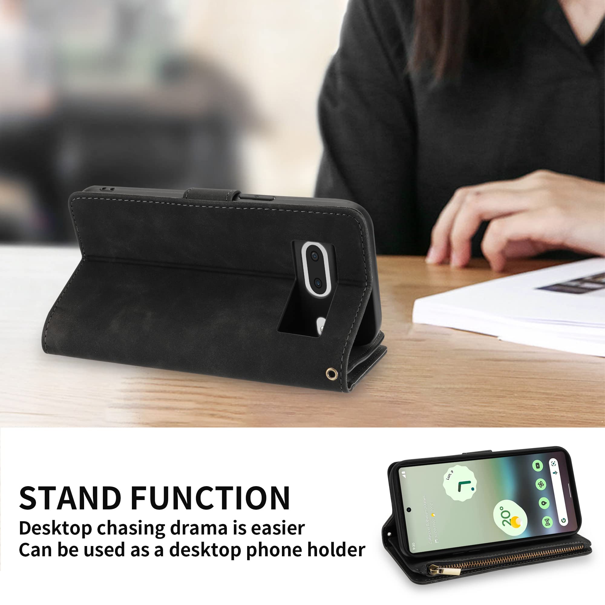 Premium Soft PU Leather Zipper Flip Wallet Case with RFID Blocking & Kickstand for Google Pixel 6A (6.1 inch Black) - Protective Cover with Wrist Strap, Perfect for Travel, Work & Everyday Use