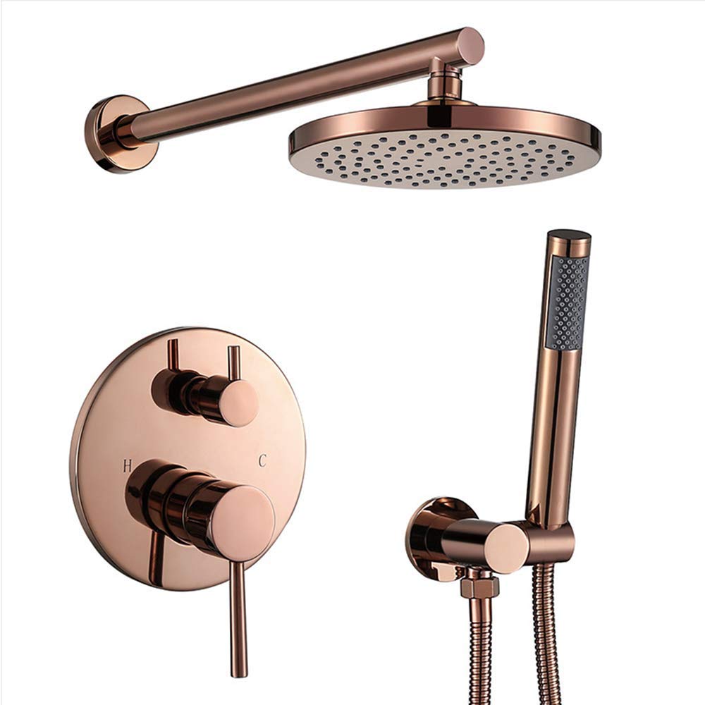 CHLDDHC Rose Gold Rain Mixer Shower Combo Set - Wall Mounted Bathroom Faucet with Round Rainfall Shower Head & Handheld Shower - Built-in Valve Box - Perfect for Modern Master Bath & Spa-Like Shower Experience