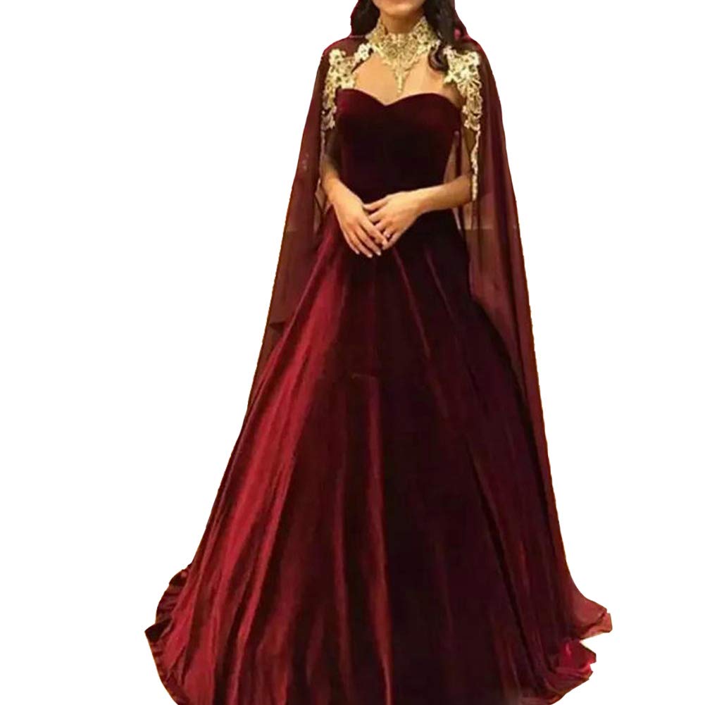 Elegant Long Velvet A-Line Prom Dress with Gold Lace Chiffon Cape - Formal Evening Gown for Homecoming, Ball & Special Occasions