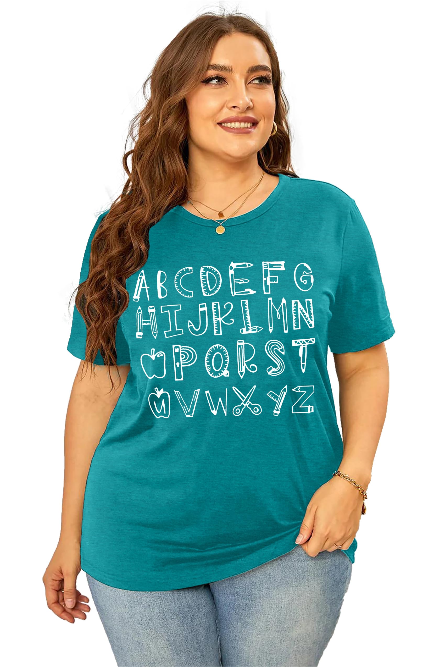 Plus Size Women's ABC Alphabet Graphic Teacher T-Shirt - Cute Teaching Tee for Educators, Back to School Gift - Perfect for Classroom, Teacher Appreciation Week & Casual Wear