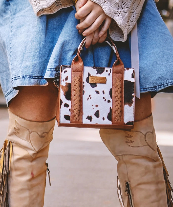 Wrangler Cow Print Mini Tote Bag - Stylish Western Crossbody Purse for Women | Perfect for Shopping, Travel & Everyday Use