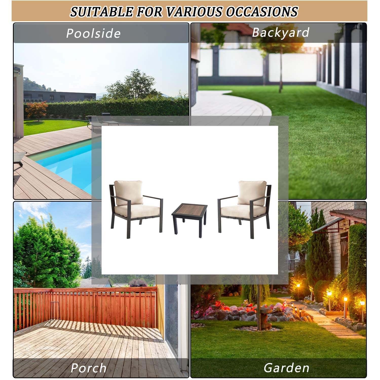 3-Piece Outdoor Bistro Set with Armrest Sofa Chairs & Metal Coffee Table - Patio Garden Furniture with Beige Cushions for Backyard, Poolside & Terrace Relaxation