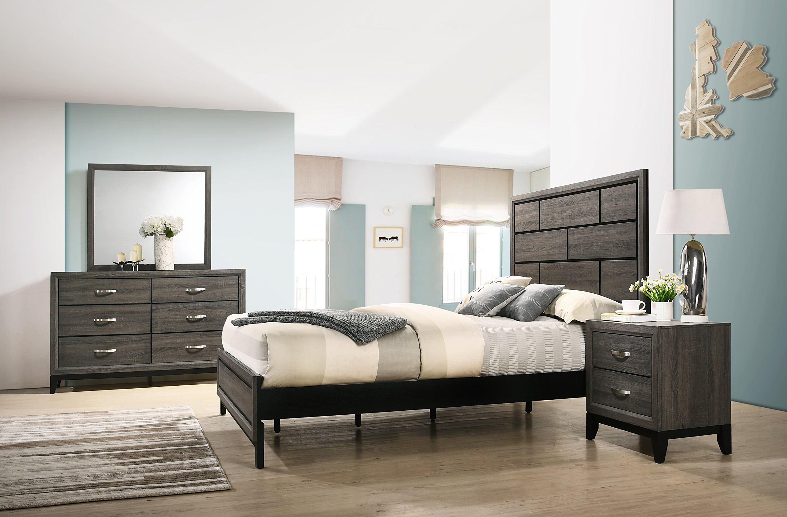 Roundhill Furniture Stout Panel Queen Size Bedroom Set with Bed, Dresser, Mirror & Nightstand in Grey - Modern Bedroom Furniture for Master Bedroom & Guest Room