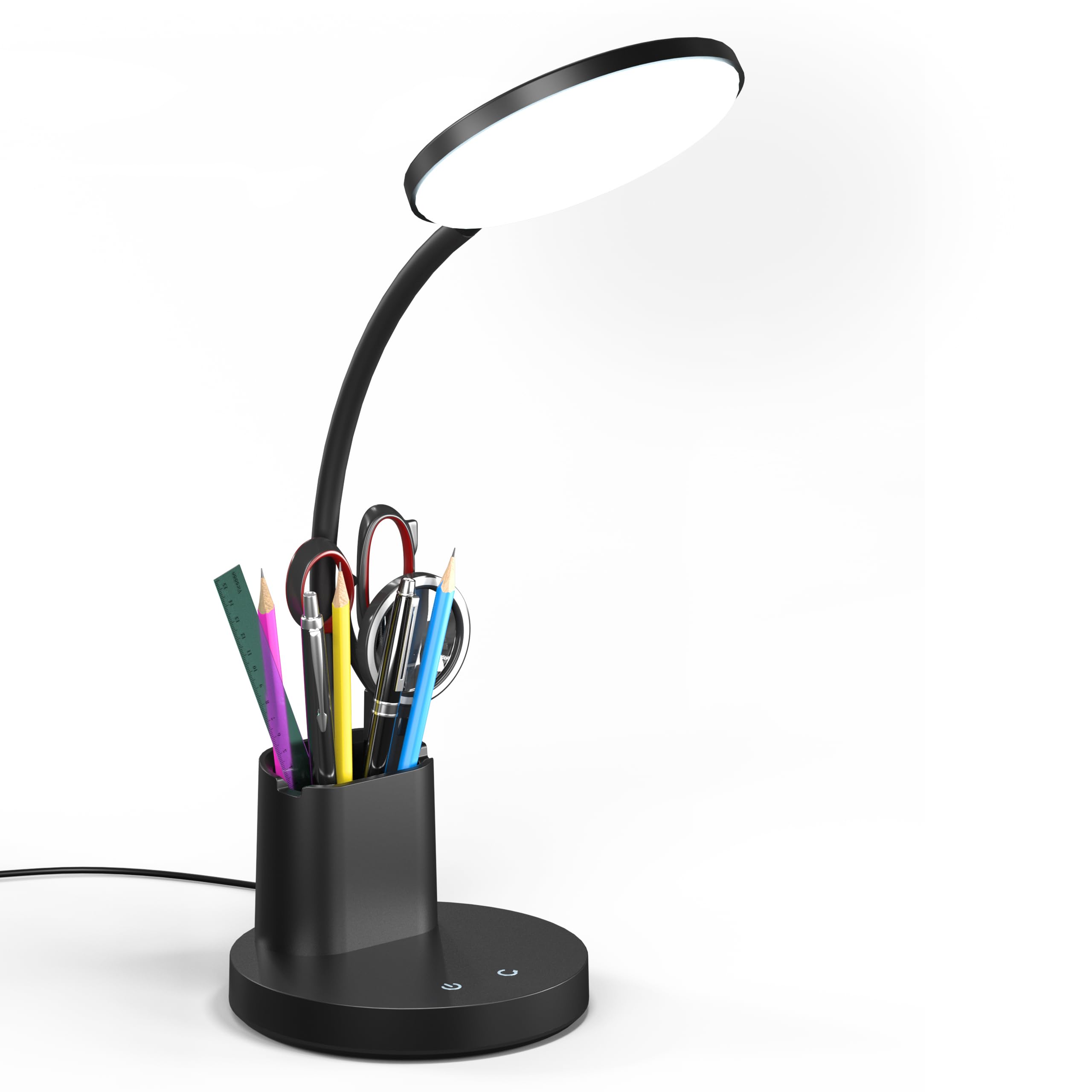 LED Desk Lamp with 3 Color Modes & 360° Adjustable Arm - Dimmable Touch Table Light with Phone/Pen Holder for Home Office Study Reading - Black Workspace Lighting