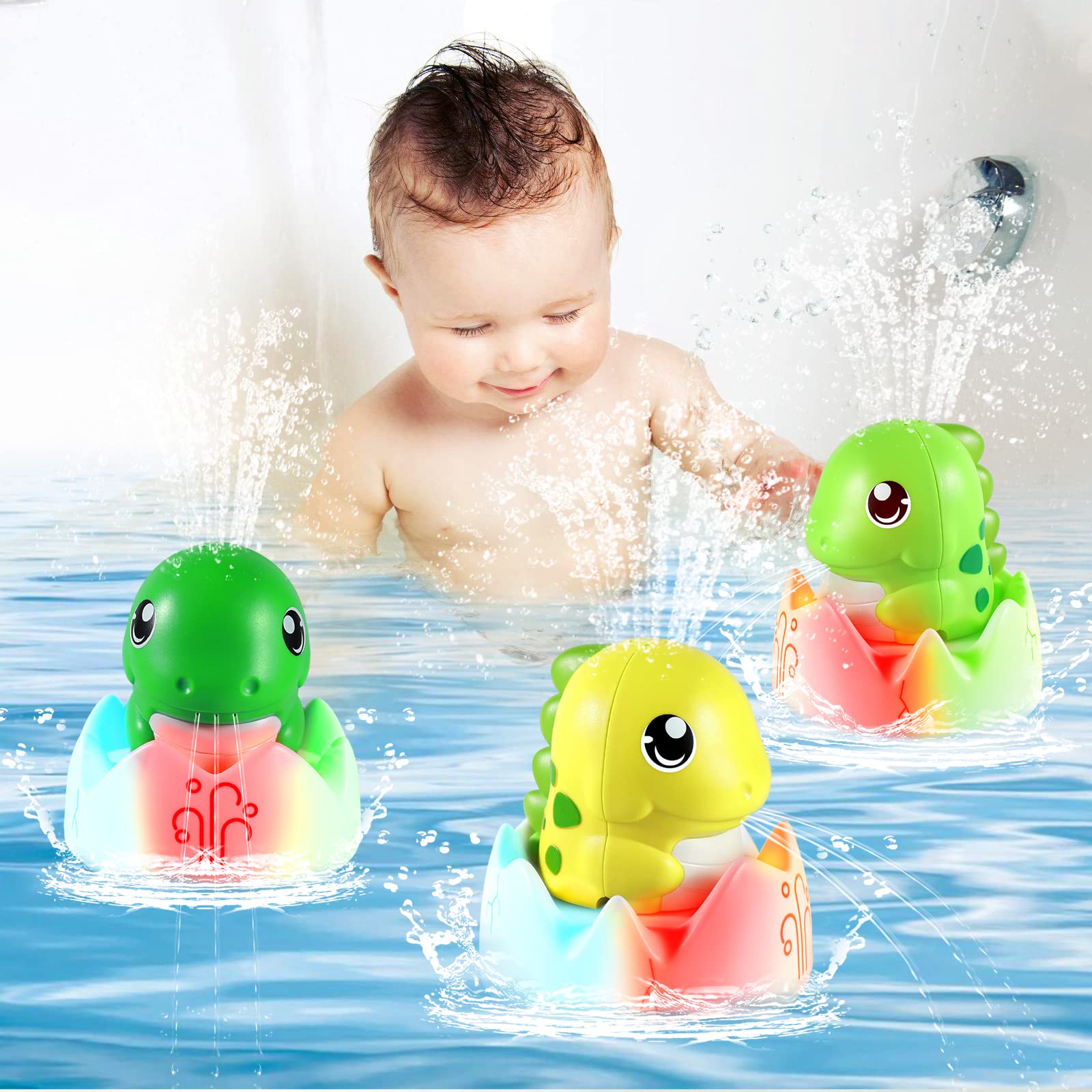 Rechargeable Baby Bath Toys - Funny Water Squirting Dinosaur Bath Toys with LED Lights, 1200mAh Long-Lasting Battery (150+ Minutes) - Toddler Bathtub Toys for Boys & Girls, Summer Pool Bathroom Toys (Dark Green) | Perfect for Bath Time Fun, Sensory Play & Summer Water Activities