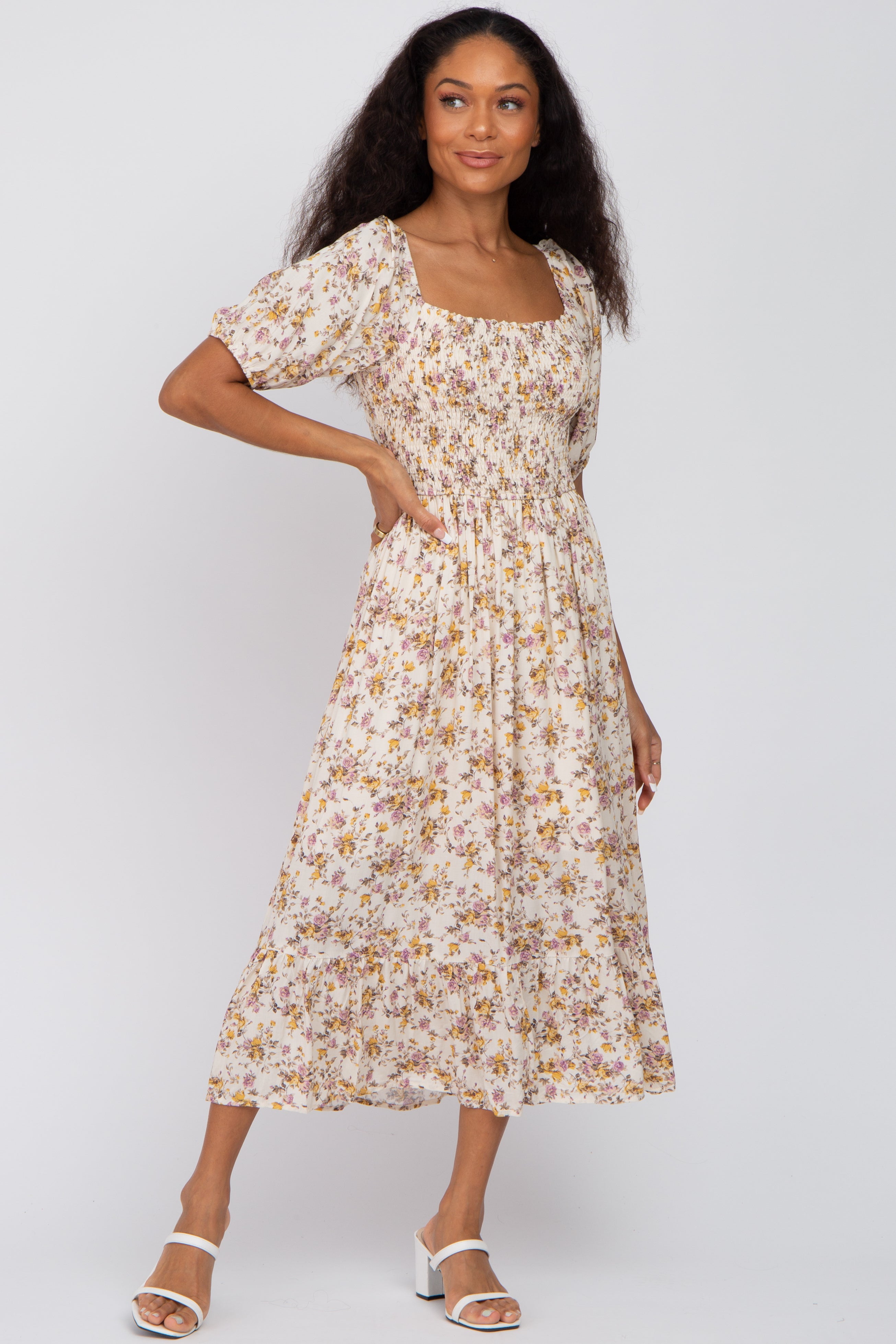 Beige Floral Puff Sleeve Midi Dress for Women - Elegant Spring Summer Casual Outfit for Brunch, Wedding Guest & Vacation