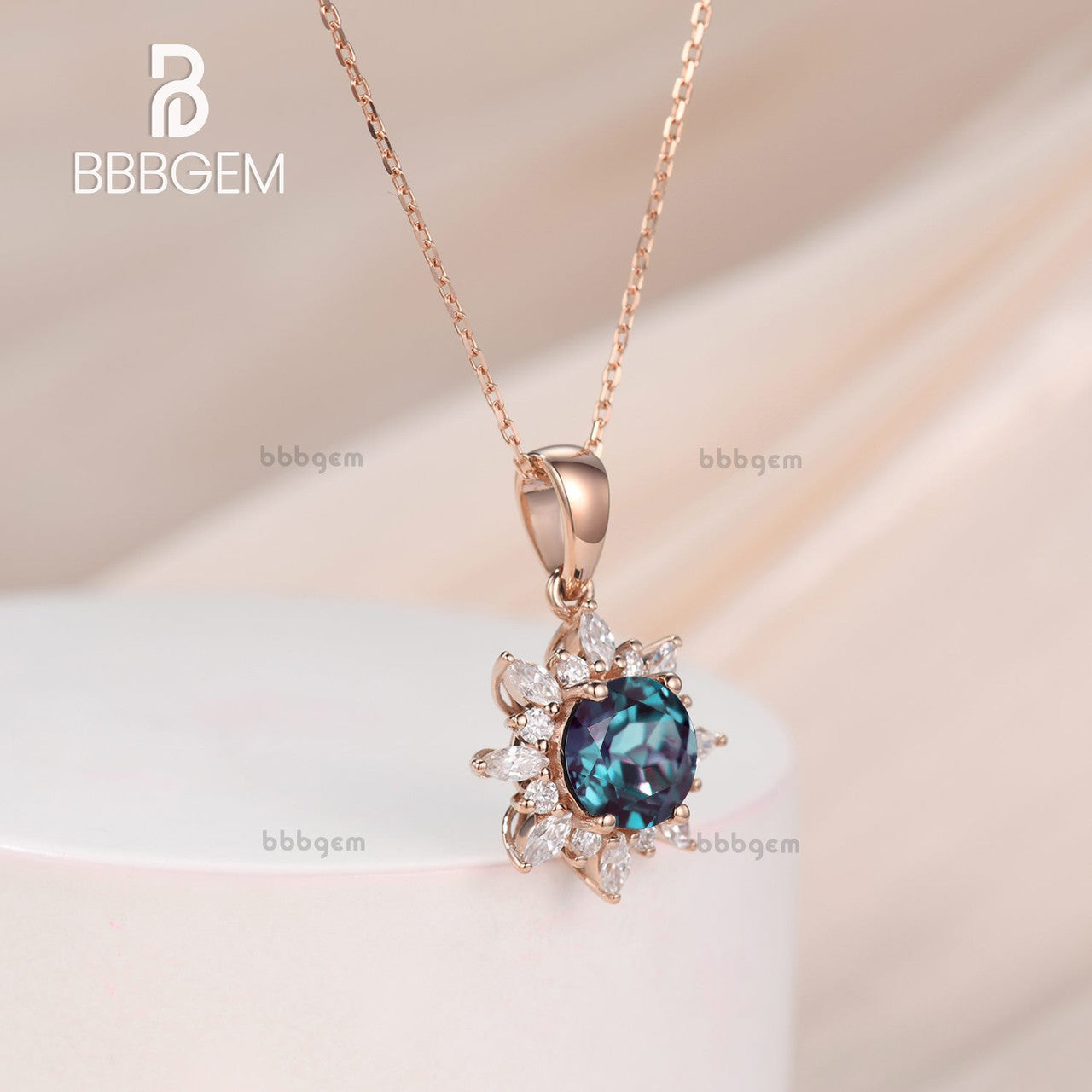 14K Rose Gold Round Alexandrite & Moissanite Flower Pendant Necklace - June Birthstone Jewelry for Women, Elegant Gift for Anniversary, Birthday & Special Occasions