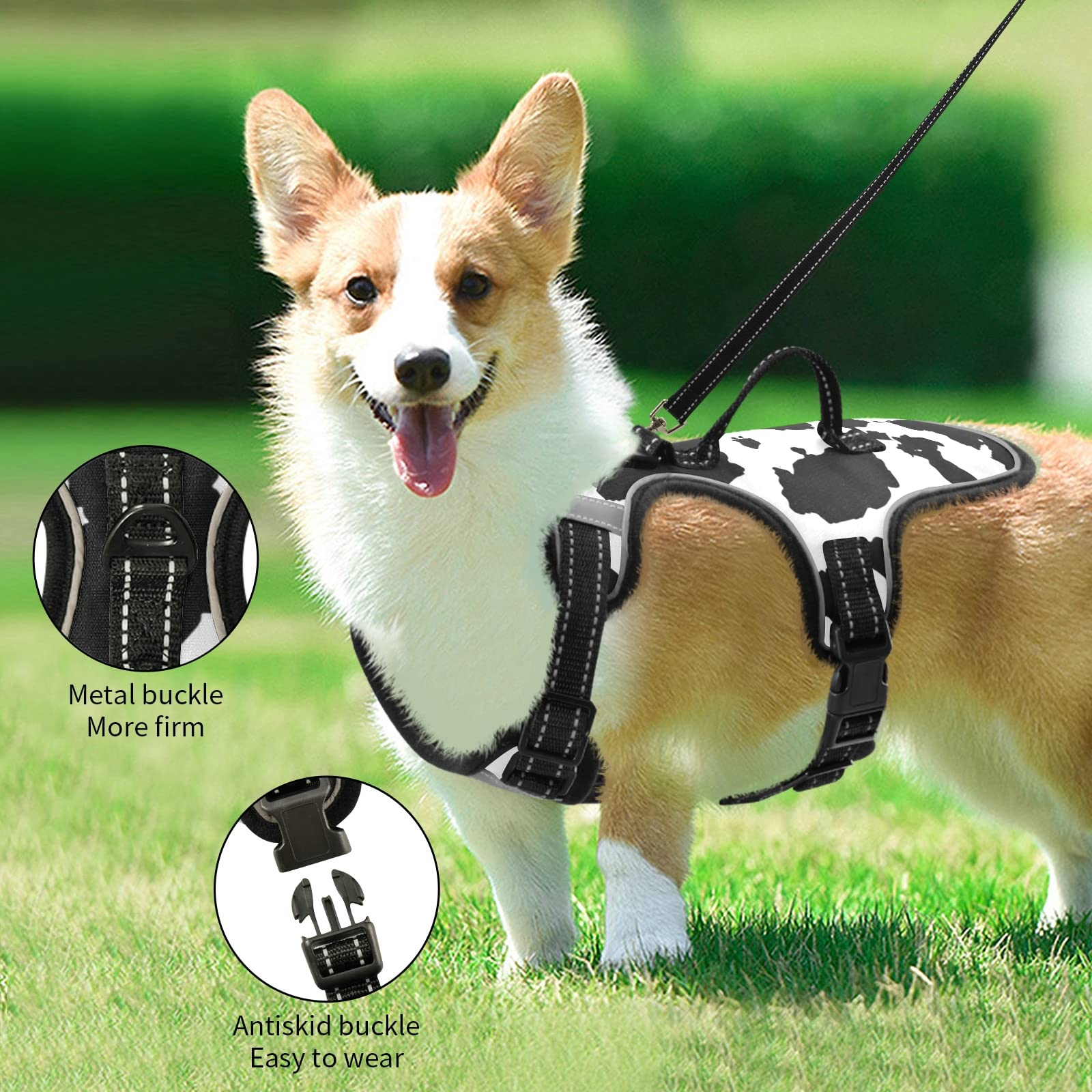 Black and White Cow Print Reflective Adjustable No-Pull Pet Harness with Leash Clips & Easy Control Handle - Anti-Slip Dog/Cat Vest for Walking, Running & Outdoor Adventures