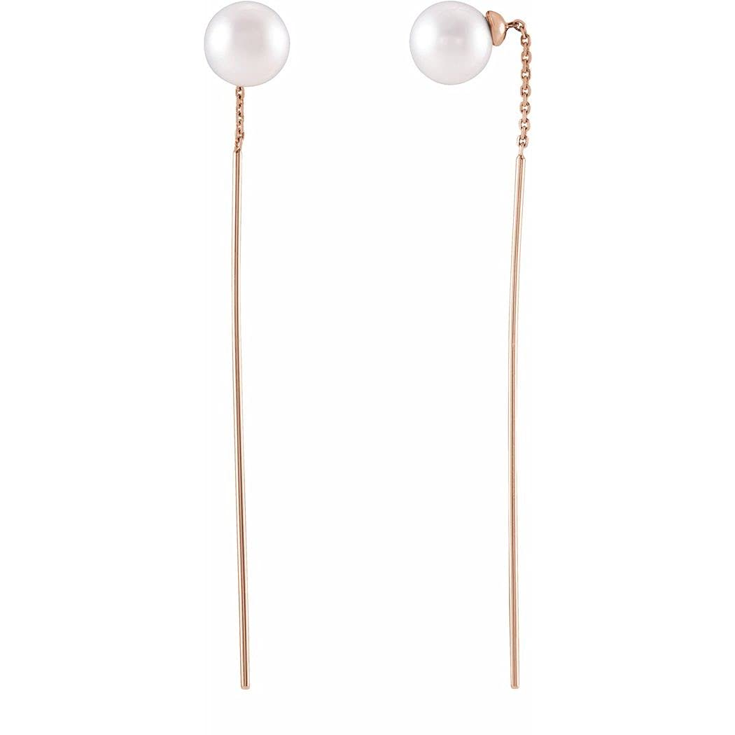 14K Rose Gold Polished White Freshwater Cultured Pearl Threader Earrings for Women - Elegant Dainty Jewelry Gift for Anniversary, Wedding & Special Occasions