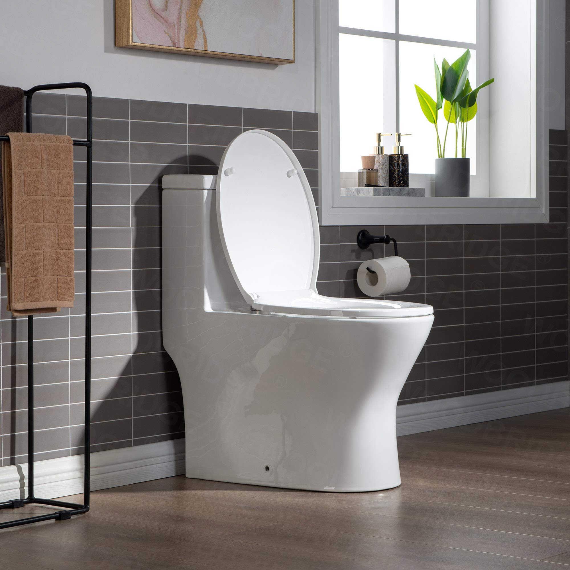 WOODBRIDGE Compact Dual Flush 1.28 GP One Piece Toilet with Soft Closing Seat - 1000 Gram MaP Flushing Score - Small Bathroom Toilet with Brushed Gold Button (B0500-BG, White) - Perfect for Tiny Bathrooms, Powder Rooms & Space-Saving Home Renovations