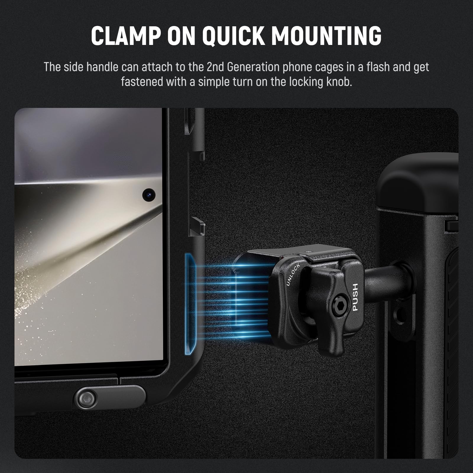 NEEWER Quick Release Side Handle for Phone Cage - Compatible with iPhone 16 Pro/16 Pro Max (PA073/PA074), Samsung S24 Ultra (PA042) - Anti-Slip Pin, Black Lock, Cold Shoe Mount - Perfect for Vlogging, Live Streaming & Mobile Filmmaking (PA045B)