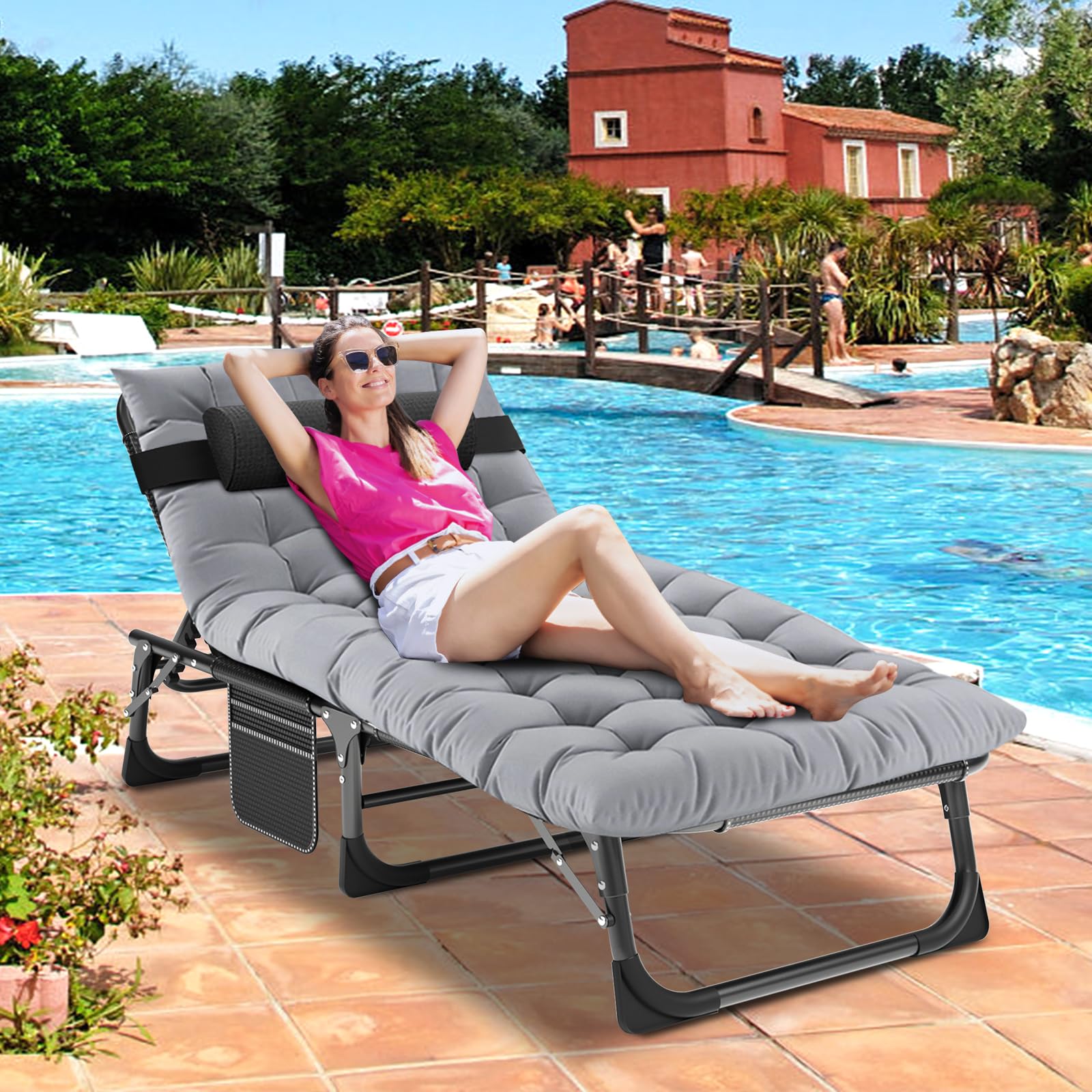 DoCred 5-Position Adjustable Folding Lounge Chair with Mattress - Portable Sleeping Bed Cot for Camping, Beach, Pool, Patio & Sunbathing | Perfect Outdoor Relaxation, Travel & Backyard Lounging