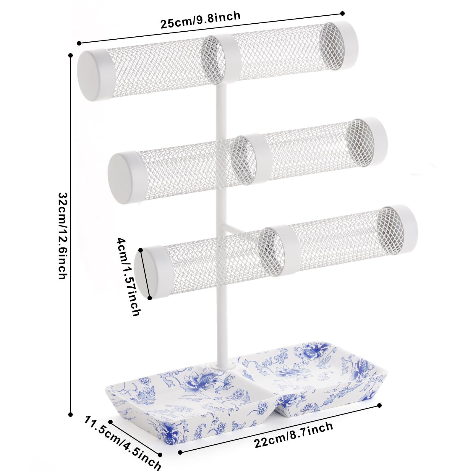 3-Tier Bracelet Holder & Jewelry Organizer Stand - Display Bracelets, Earrings, Necklaces, Watches & Scrunchies - Elegant Porcelain Ring Tray - Perfect Gift for Women (Home Decor, Boutique Display, Jewelry Storage)