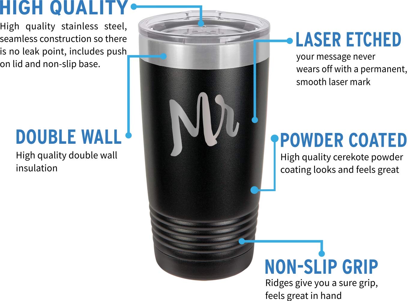 Personalized Mr & Mrs 20oz Insulated Stainless Steel Tumbler Set - Powder Coated Couple Coffee Mugs for Anniversary, Wedding Gift & Romantic Date Nights
