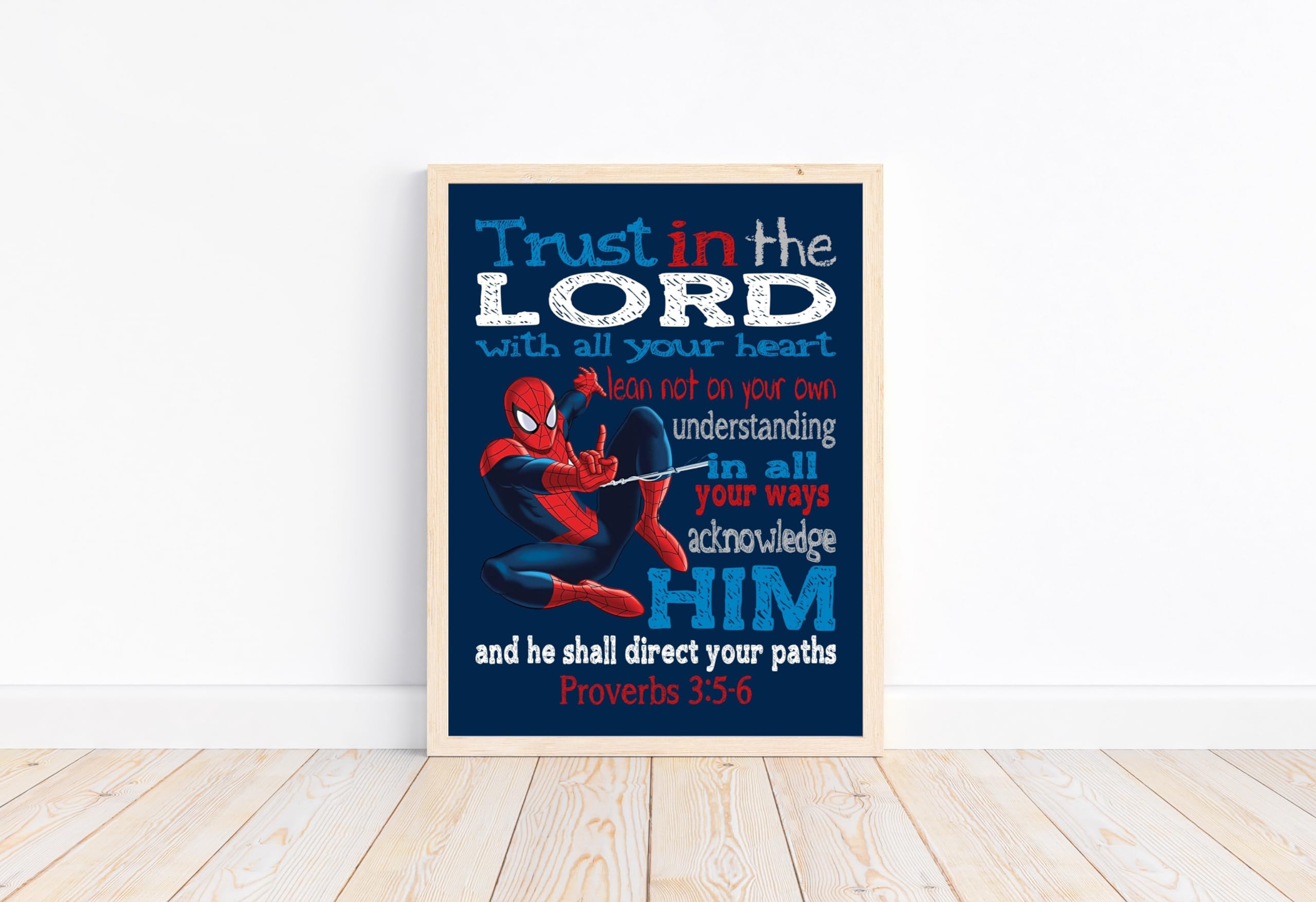 Spider-Man Superhero Christian Nursery Wall Art - Unframed Print with Bible Verse Proverbs 3:5-6 - Inspirational Kids Room Decor for Baby Boy's Bedroom & Sunday School Classroom