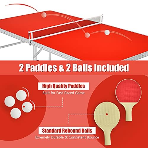 Gotoplay Folding Table Tennis Set - Portable Ping Pong Table with Net, 2 Paddles & 2 Balls - Indoor/Outdoor Table Tennis for Kids & Adults - 60 x 30 x 30 Inches - Easy Assembly Free - Red - Perfect for Backyard, Garage, Office & Family Game Night