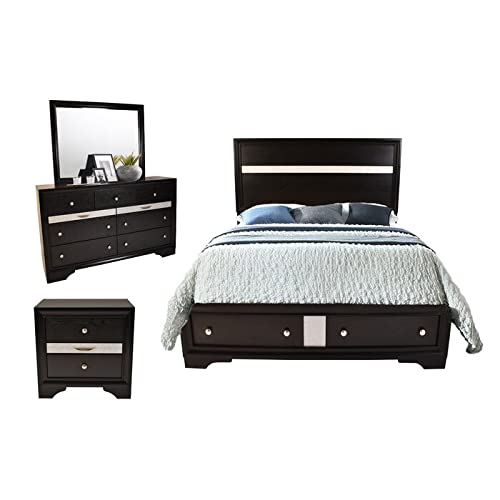 ARYSIEER 4-Piece Black Bedroom Set with Storage - Wooden Mirror, Bed Frame, Nightstand & Dresser - Modern Bedroom Furniture for Small Spaces & Apartments
