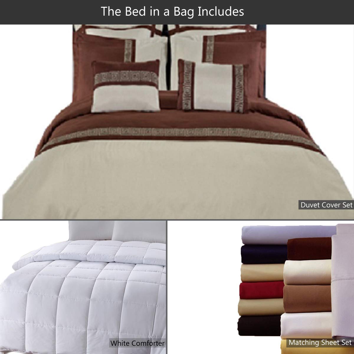 12-Piece Embroidered Microfiber King Size Bed in a Bag Set - Sage & Chocolate Astrid Duvet Cover, 100% Cotton 300TC Sheets, White Down Alternative Comforter - Luxury Bedding for Master Bedroom, Guest Room & Hotel Style Decor