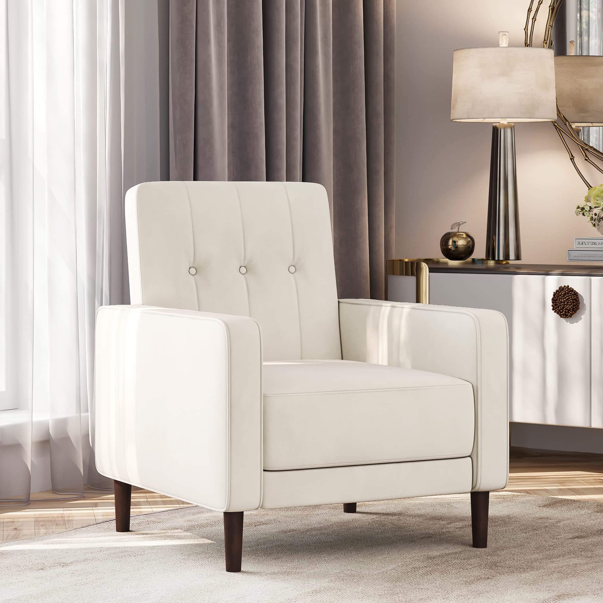 BELLEZE Mid Century Modern Velvet Accent Chair - Tufted Back Comfy Armchair for Living Room, Bedroom & Office - Upholstered Lounge Reading Chair (White Valencia) - Perfect for Small Spaces, Apartments & Cozy Corners