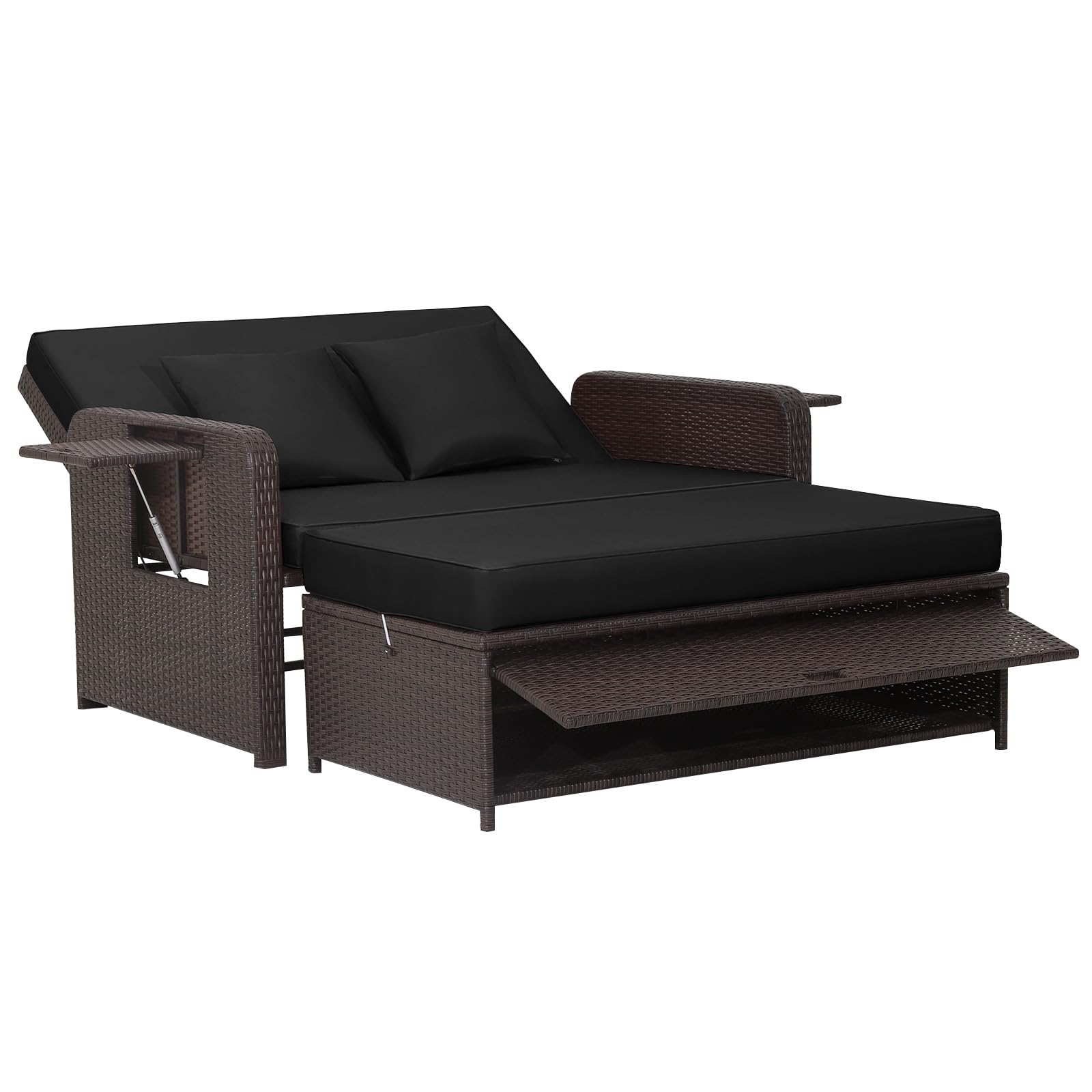 Tangkula Outdoor Rattan Daybed Set with Adjustable Backrest, Wicker Loveseat Sofa, Ottoman & Side Tray - Patio Furniture for Garden, Poolside, Balcony (Black) - Includes Storage Footstool & Cushions