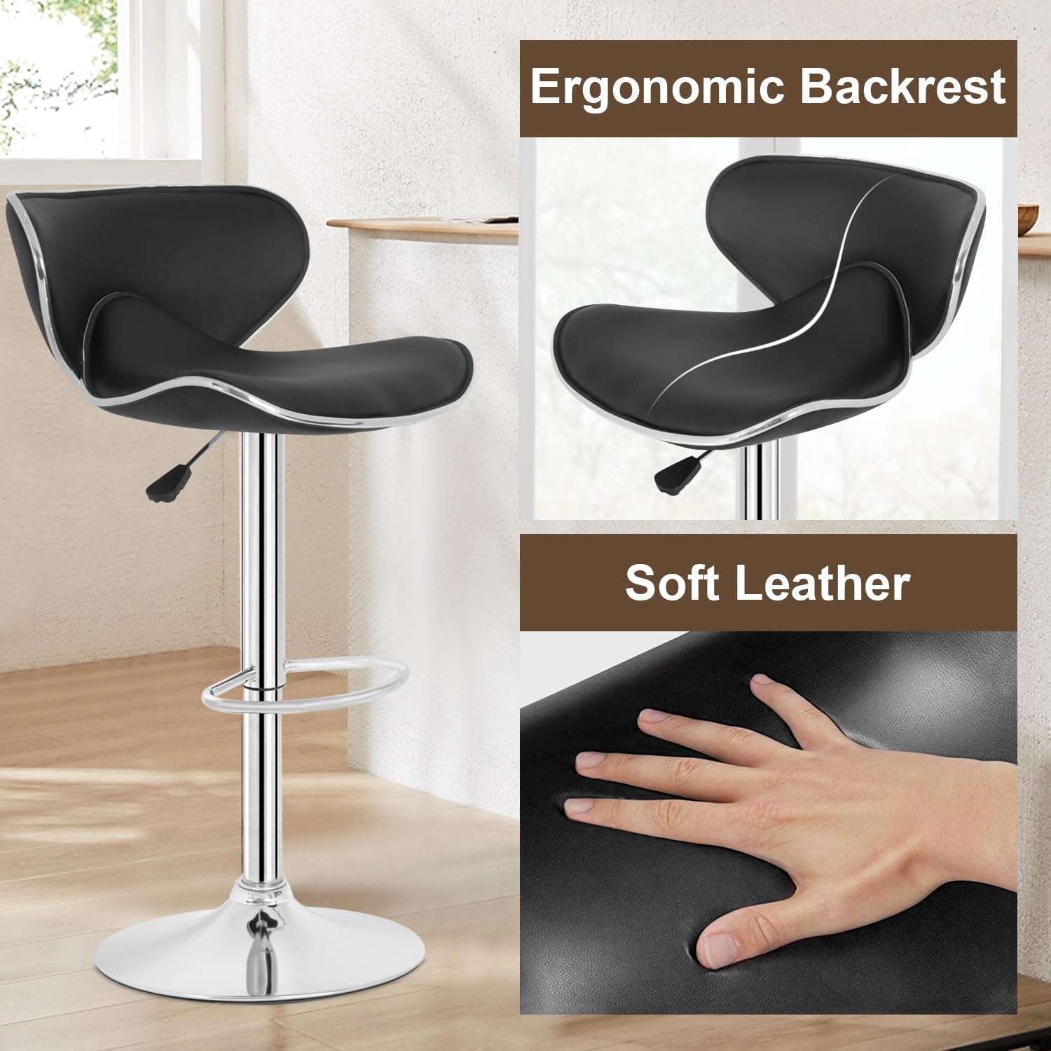 Best Office Bar Stools Set of 2 - Adjustable Height Counter Stools with Back Support, PU Leather Swivel Bar Chairs for Kitchen, Dining & Home Bar - Perfect for Breakfast Nook, Kitchen Island & Entertainment Areas