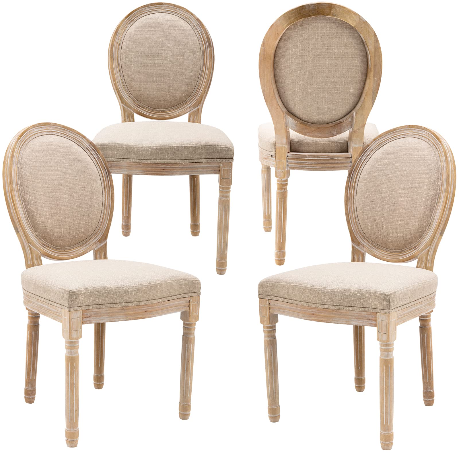 Zhenghao French Country Dining Chairs Set of 4 - Upholstered Linen Farmhouse Chairs with Round Back & Distressed Wood Legs - Beige Kitchen, Living Room, Bedroom Side Chairs for Home Decor & Entertaining
