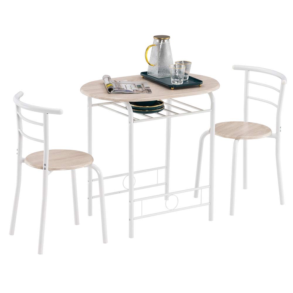 3 Pcs Modern Wood Dining Table and Chairs Set with Two Stools, Contemporary White Kitchen Breakfast Table for Home, Office, or Small Spaces