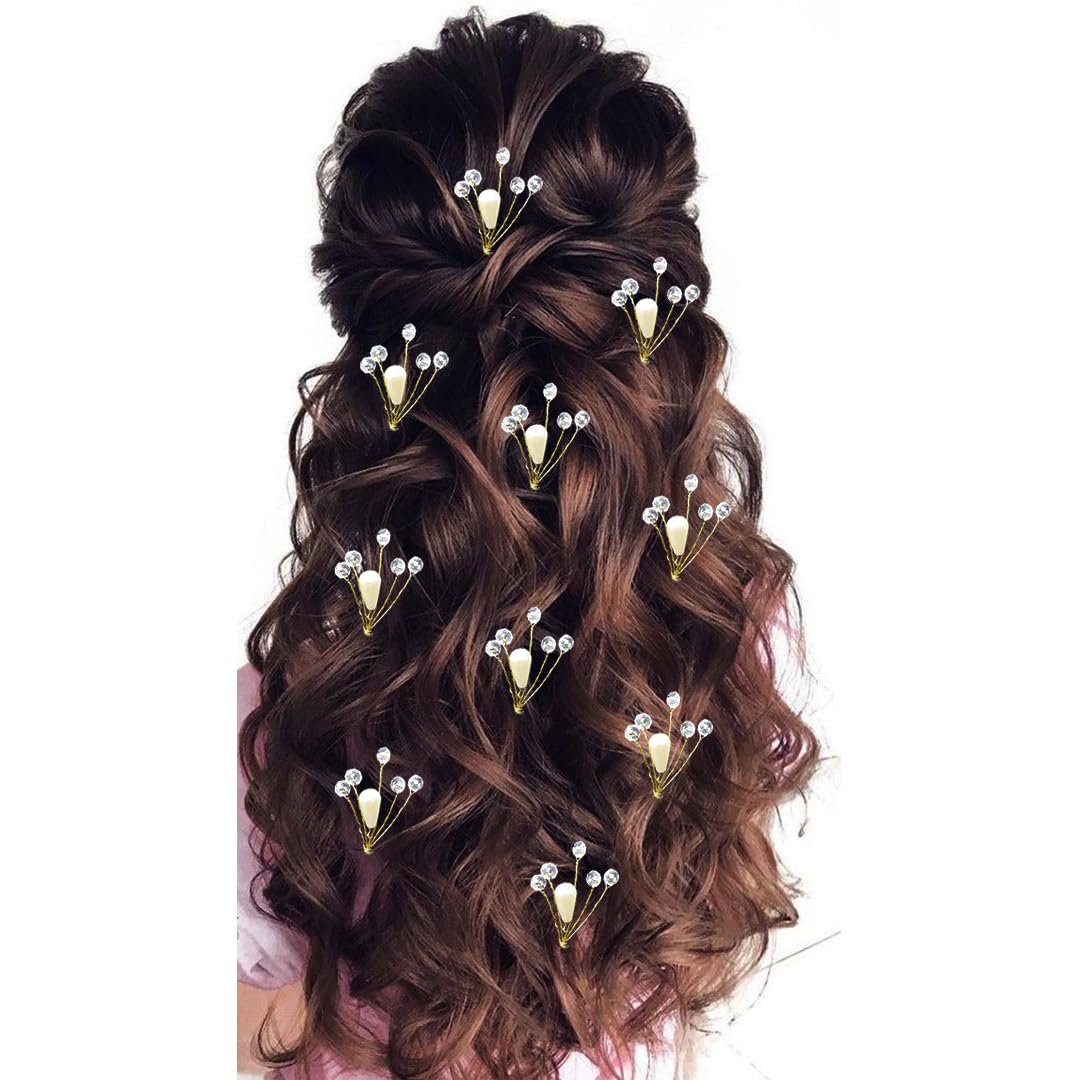 Elegant Gold Beaded White Metal Stone Hair Pins & Clips for Women - Hair Accessories Set (Pack of 2) - Perfect for Weddings, Parties & Daily Styling