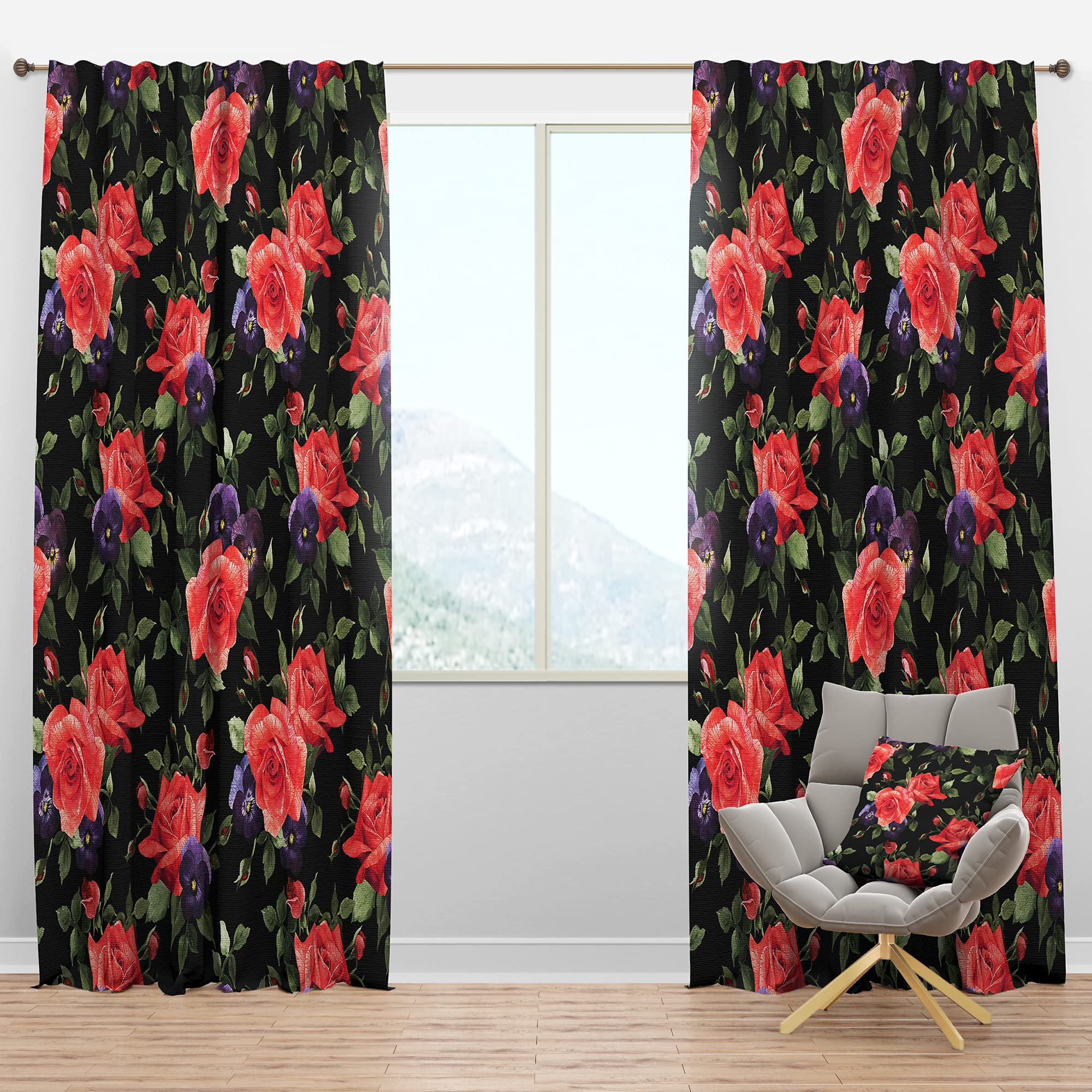 DesignQ Blackout Curtains with Pansy & Rose Floral Pattern - Thermal Insulated Room Darkening Drapes for Bedroom & Living Room - Single Panel 52x90 Inches - Perfect for Light Sleepers & Home Theater Setup