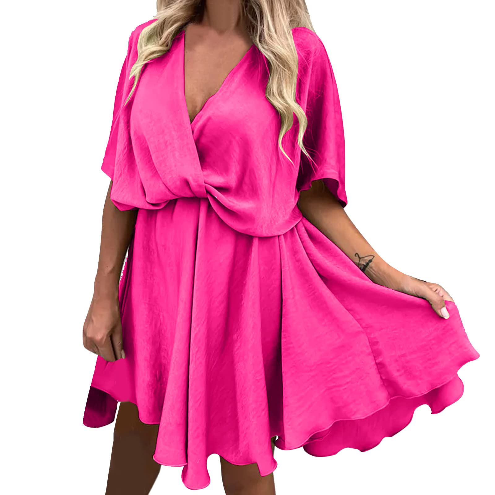 Women's Spring Mini Dress with Batwing Sleeves & Ruffled Hem - Flowy Solid Print Swing Dress for Summer Beach, Party, and Casual Outings