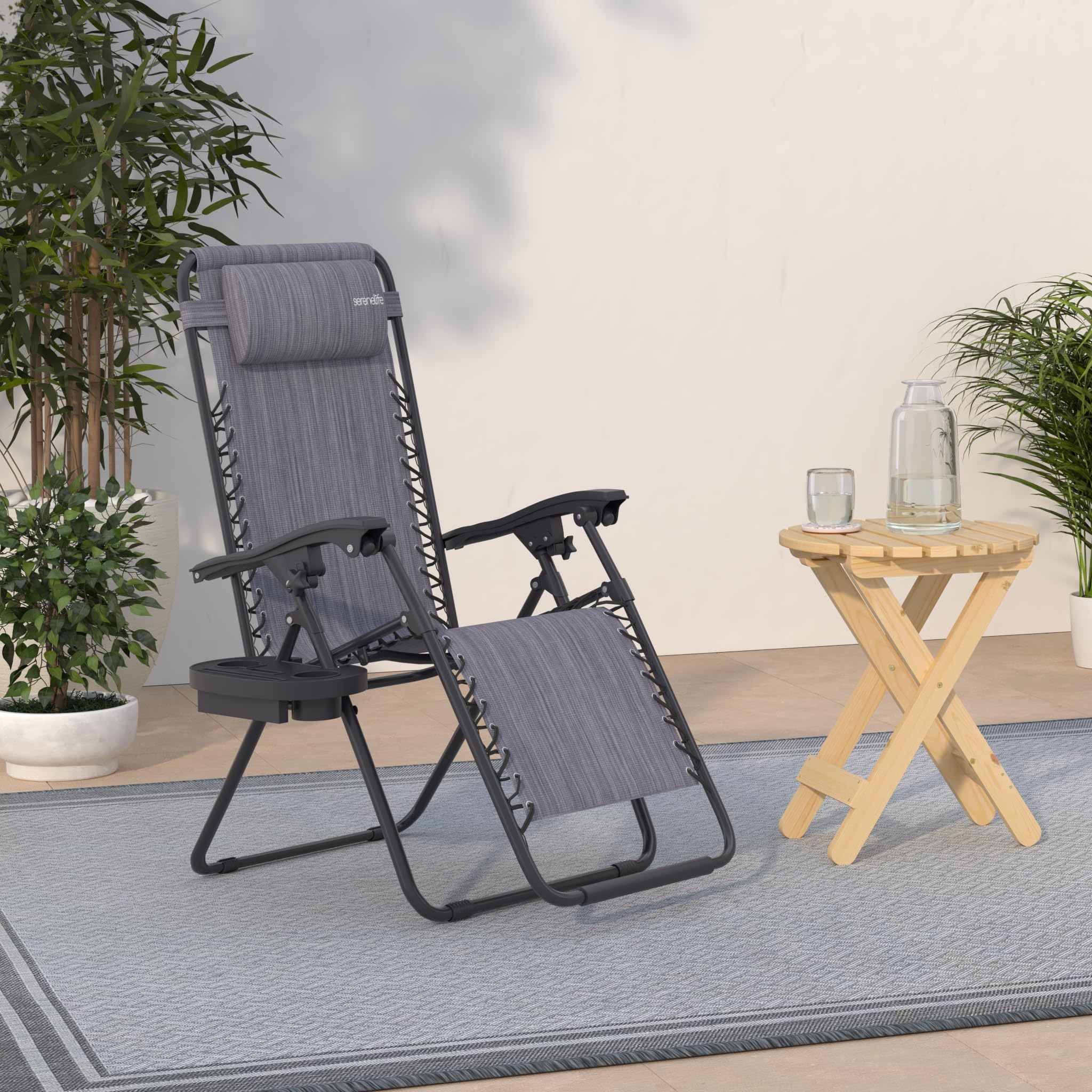 SereneLife Zero Gravity Lounge Chairs Set of 2 - Adjustable Steel Mesh Outdoor Recliners with Cup Holder & Removable Pillows - Foldable Patio Chairs for Backyard, Poolside & Camping - Comfortable Grey Lawn Chairs for Relaxation