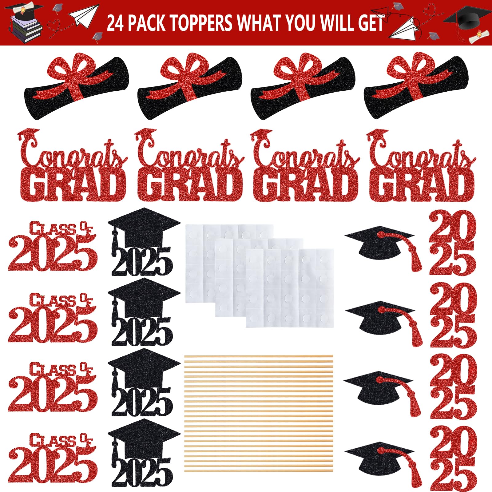24Pcs 2025 Graduation Centerpieces Sticks - Red Table Decorations for Graduation Party, Commencement Ceremony & School Events - Perfect for Tables, Dessert Displays & Photo Backdrops