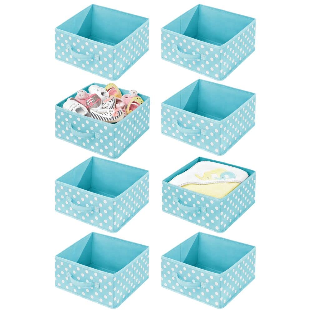 mDesign Soft Fabric Storage Bins 8-Pack - Nursery & Playroom Organizer with Handles for Cube Shelves - Holds Toys, Clothes, Diapers, Bibs - Turquoise/White Polka Dot - Perfect for Kids' Room Organization & Toy Storage