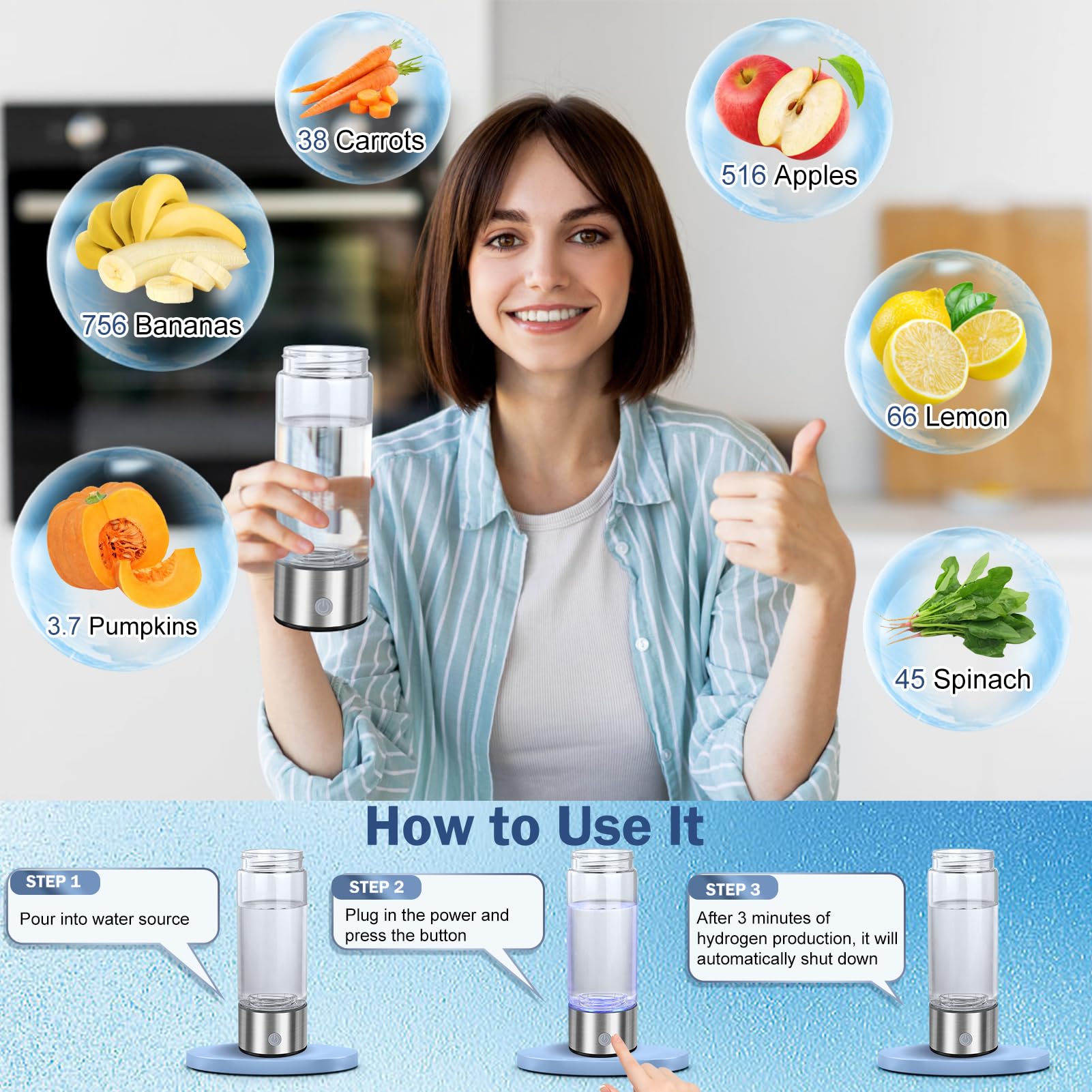 Premium Hydrogen Water Bottle Generator - SPE PEM Technology for Instant Hydrogen-Rich Water in 3 Minutes | Portable Hydrogen Water Ionizer Machine for Home, Office, Travel | Perfect for Health-Conscious Drinking, Daily Hydration & Gift Giving | Boosts Energy & Antioxidant Benefits