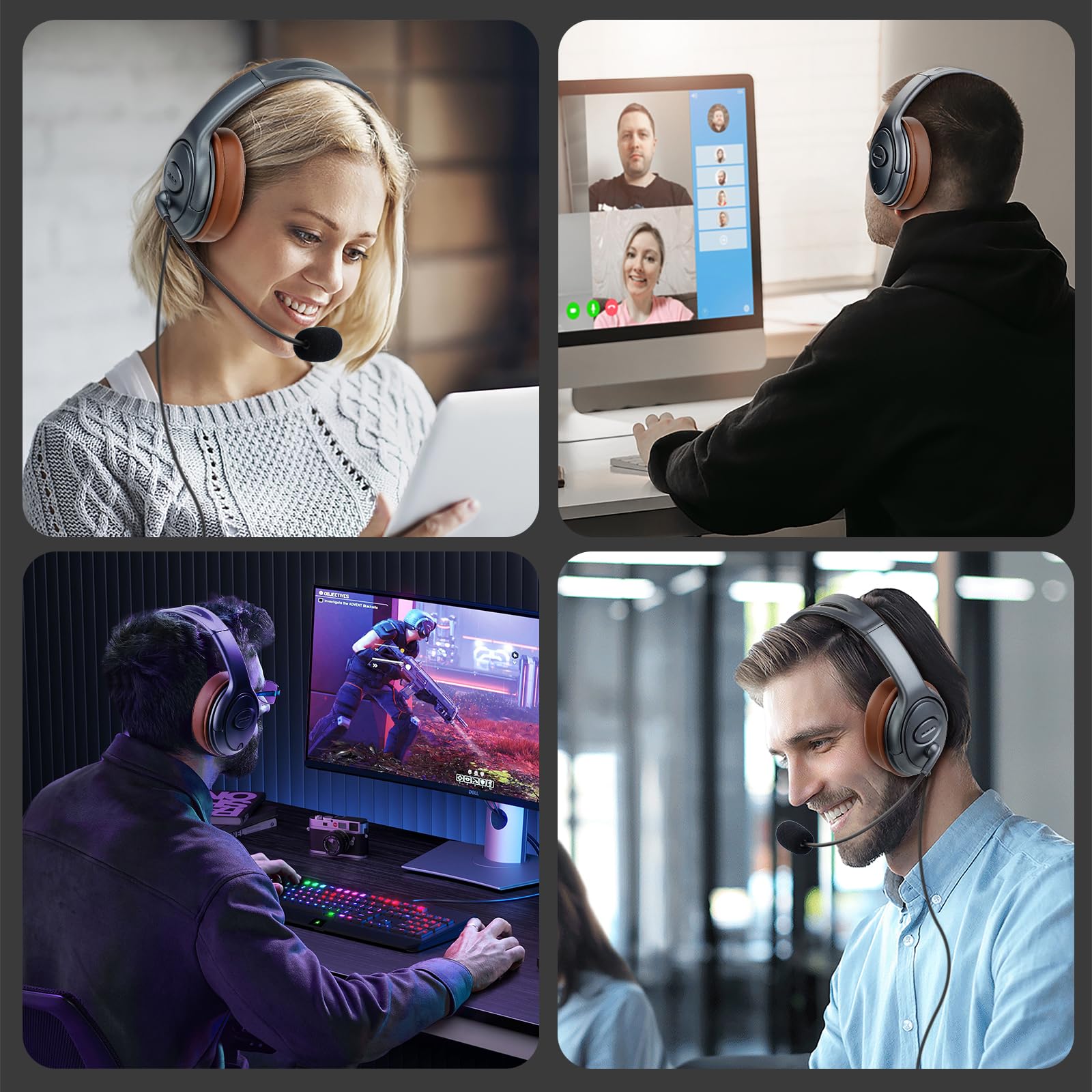 EMAIKER Gold USB Type C Headphones - Over Ear Office USB-C Headset with Noise Cancelling Mic & Volume Control - Compatible with Teams, Zoom, Google Meet, Skype - Perfect for Remote Work, Online Meetings & Dictation