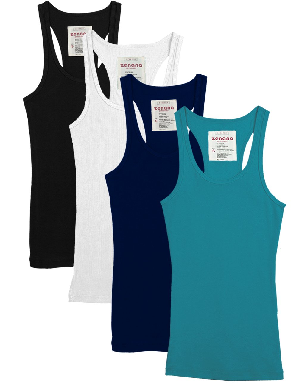 Zenana Outfitters 4 Pack Women's Basic Ribbed Racerback Tank Tops - Soft Stretchy Camisoles for Layering, Gym, Yoga & Everyday Wear