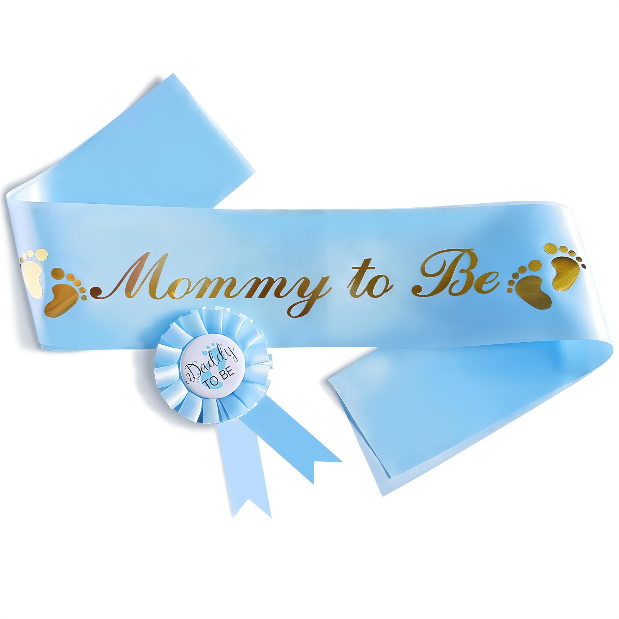 Mommy to Be Sash & Dad to Be Pin - Elegant Blue Satin Baby Shower Accessories with Gold Glitter Letters for Gender Reveal Party - Perfect for Baby Shower Decorations, Maternity Photos & Pregnancy Announcements