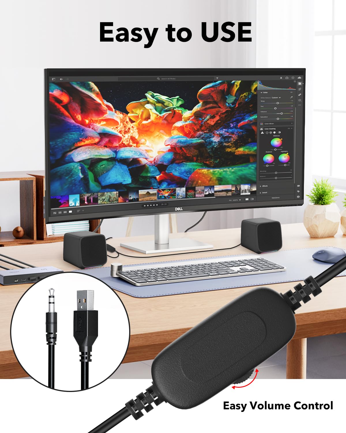 USB Powered Small Computer Speakers with 3.5mm Aux for Desktop PC, Laptop, Tablet, Phone - Compact Desktop Speakers for Home Office, Gaming, and Multimedia Use