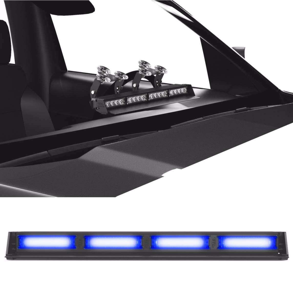 SpeedTech Lights Striker 4-Head High Intensity LED Strobe Light Bar - TIR Optics for Emergency Vehicles, Police Cars & Trucks | Windshield & Dash Mount with Cigarette Lighter Plug | Blue/Blue Hazard Warning Lights for Roadside Emergencies & Construction Zones
