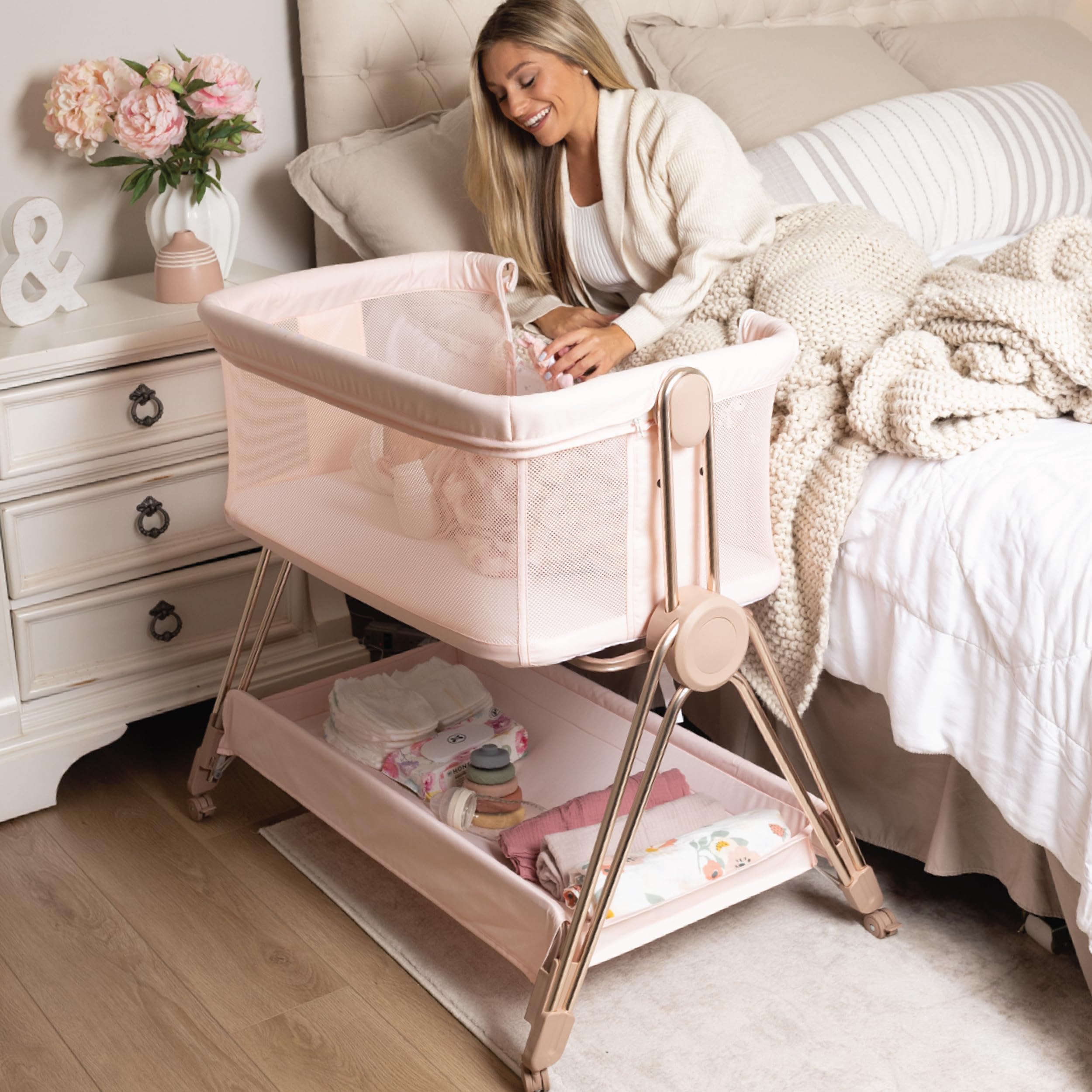 Adjustable Baby Bedside Sleeper Bassinet with Wheels - Portable Foldable Crib for Newborns & Infants - Safe Co-Sleeping Solution with Height Adjustment - Perfect for Nursery, Bedroom & Travel (Pink) - Ideal for Nighttime Feeding & Soothing Baby