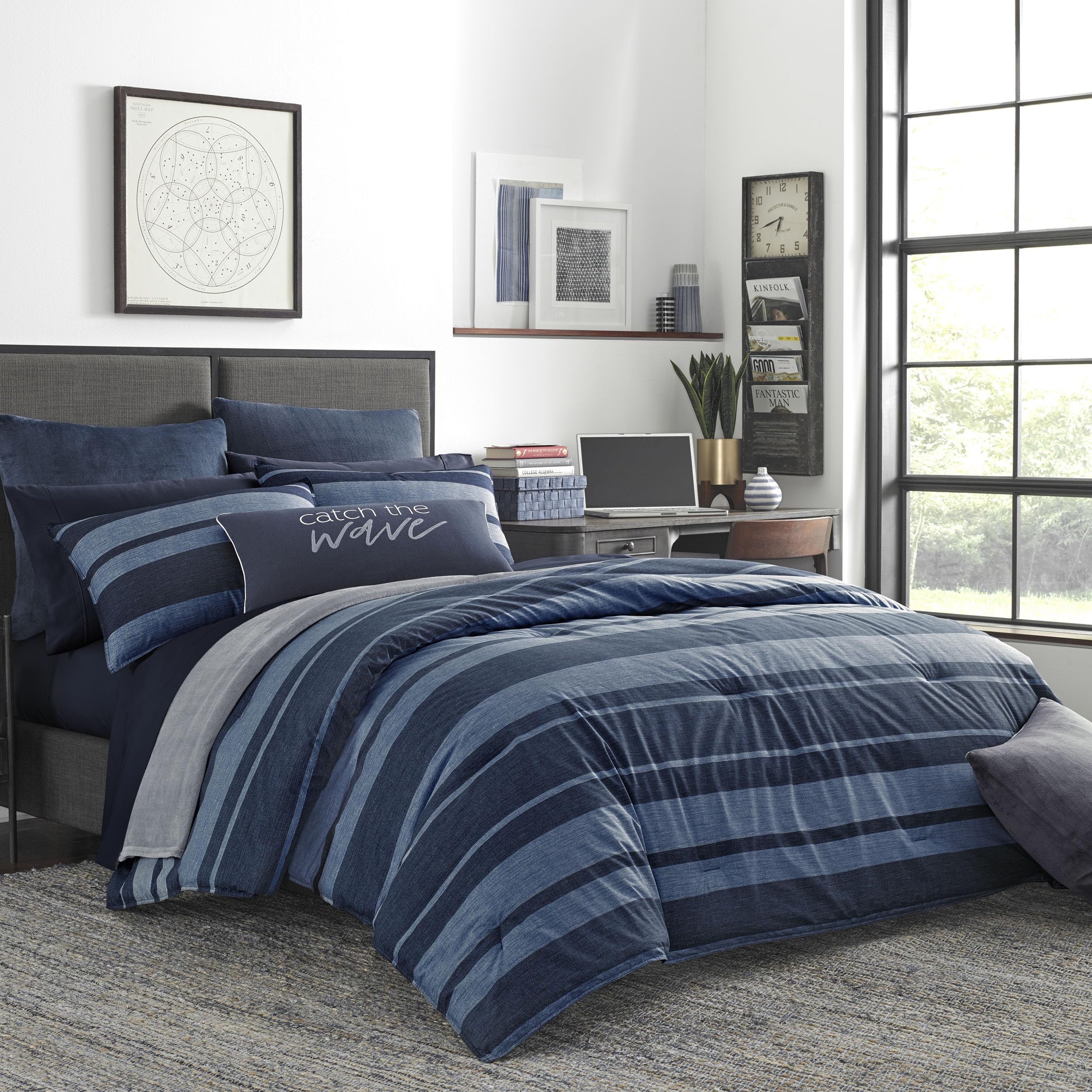 Nautica Queen Comforter Set - 100% Cotton Reversible Bedding with Matching Shams | Stylish Navy Blue Home Decor for Master Bedroom | Cozy & Breathable All-Season Bedding Set (Longpoint Blue, Queen Size)