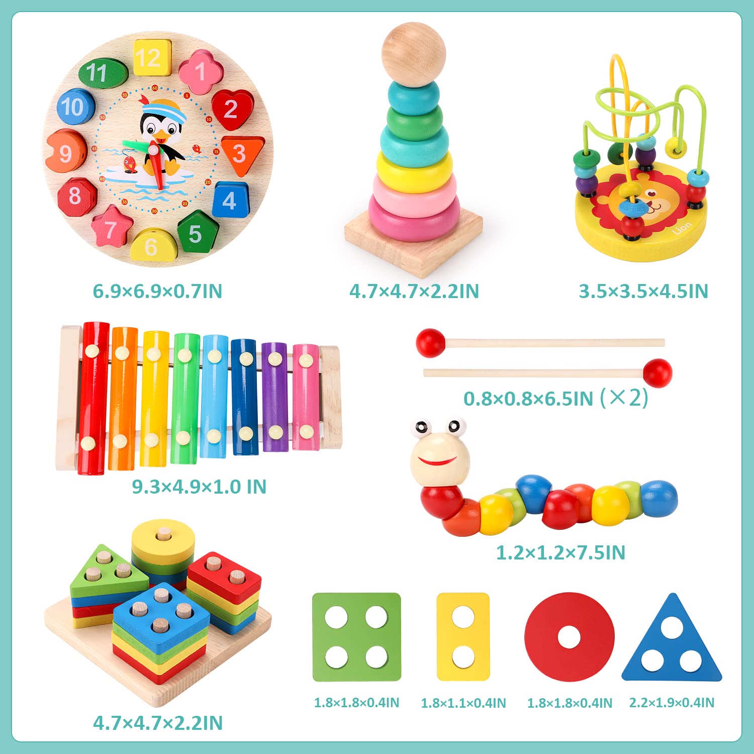 QIZEBABY Montessori Wooden Toys for Toddlers 3-6 Years - Stacking & Sorting Educational Toys with Xylophone, Bead Maze & Teaching Clock - Learning Developmental Toys for Boys & Girls - Perfect for Preschool Classroom, Daycare & Home Playtime
