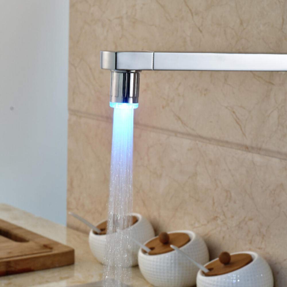 Polished Chrome LED Square Kitchen Sink Faucet - Single Handle Deck Mount Rotating Mixer Tap for Modern Kitchens | Perfect for Washing Dishes, Food Prep & Stylish Home Upgrades