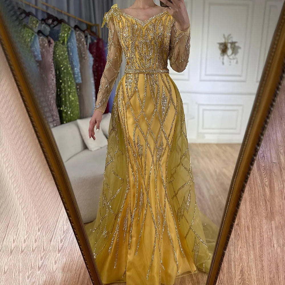 Luxury Dubai Evening Dresses for Women - Gold Beaded Mermaid Gown with Overskirt | Muslim Wedding Party Dress 2025 | Perfect for Formal Events, Red Carpet & Special Occasions