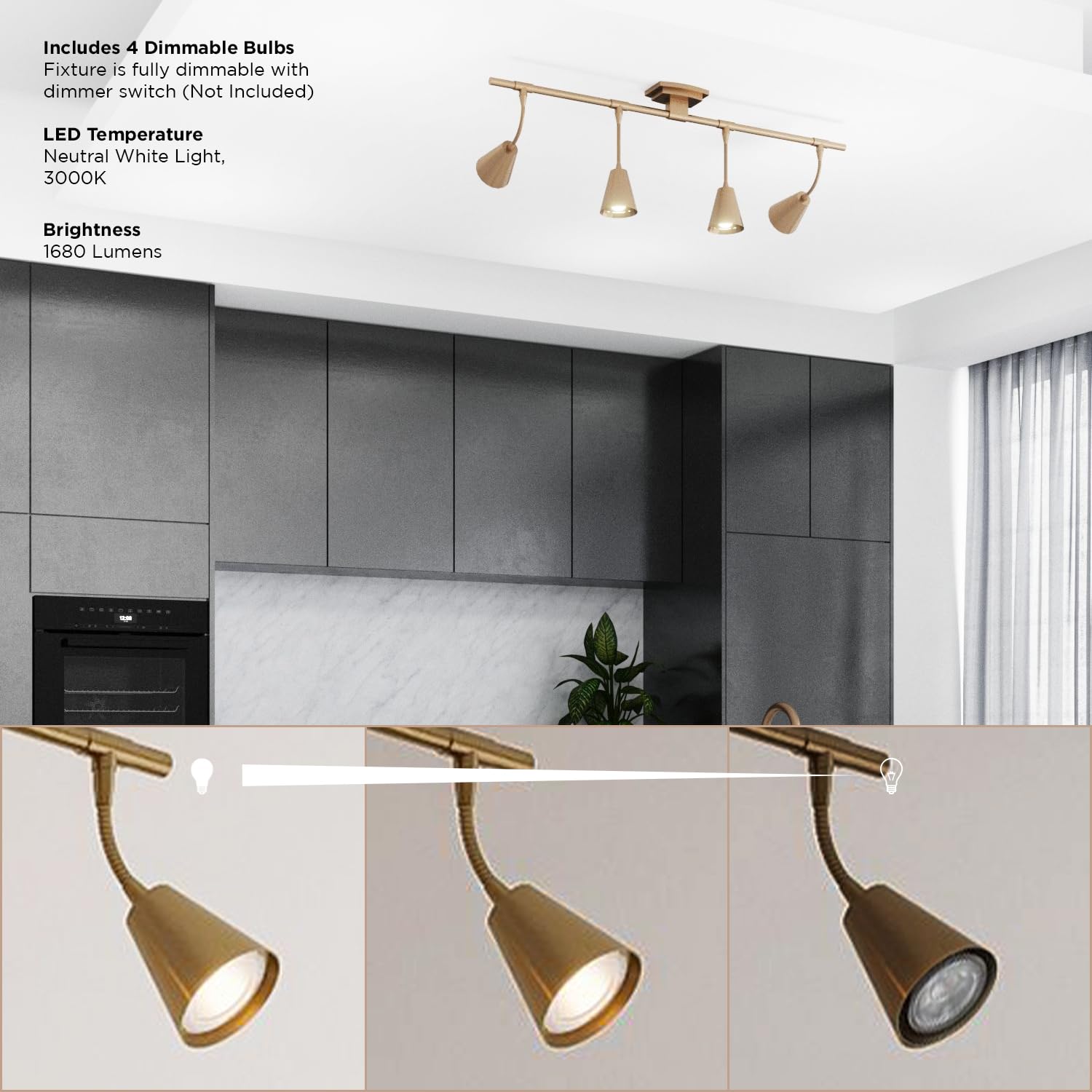 Modern LED 4-Light Track Lighting System - 32 Inch Brushed Brass with 4 GU10 Bulbs Included - Adjustable Directional Ceiling Light for Kitchen, Living Room Wall & Spotlight Fixtures - Perfect for Home, Office & Retail Spaces